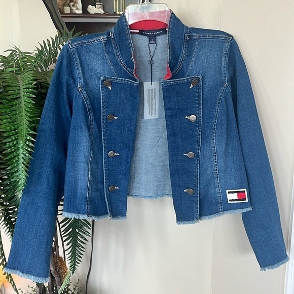 Brand New Tommy Hilfiger Blue Denim Jean Jacket Cropped Military Frayed Hem - Picture 1 of 12